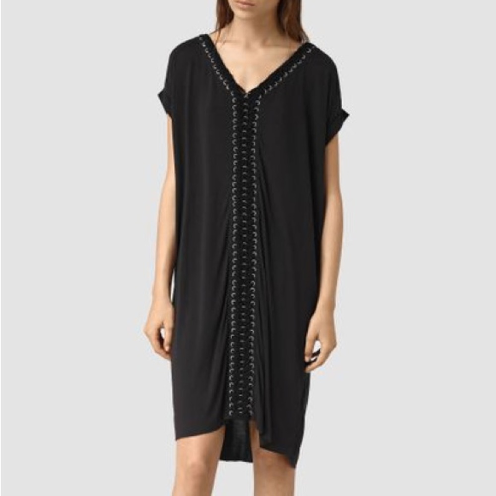 AllSaints Black Aria Tee Dress Jersey Lace Up Front